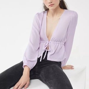 Urban Outfitters UO Lavender Drew Velvet Tie-Waist Long Sleeve Ruched Blouse Top